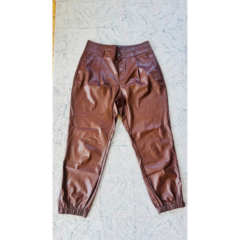 Paige High Rise Pleated Mayslie Jogger Pants, Faux Leather Cognac, Size 10, NEW